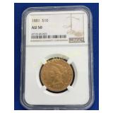 1881 $10 AU50 1/4 OZ GOLD LIBERTY HEAD