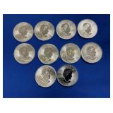 (10) 1 OZ SILVER 2019 UNC MAPLE LEAFS TOTAL 10 OZ