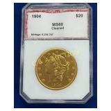 1904 $20 MS 60 GOLD LIBERTY HEAD CLEANED