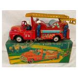 NICE TIN LITHO FIRE TRUCK W/ ORIG. BOX AND FIREMAN
