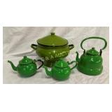 EARLY GREEN ENAMELWARE TEAPOTS AND OTHER
