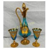 VINTAGE 3PC. GOLD OVER LAY DECANNER SET