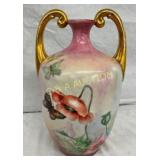 14" VINTAGE DECORATED VASE W/ DOUBLE HANDLE