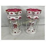 13" PAIR VICT. LUSTER PARLOR LAMPS W/GLASS PRISOMS