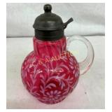 7" FENTON CRANBERRY PITCHER W/ UNUSUAL TOP