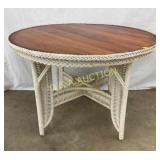 EARLY 42" WICKER TABLE W/ WOOD TOP