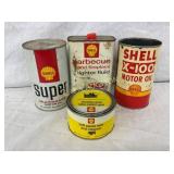 (4) SHELL CANS QT SUPER OIL, X-100, 14OZ PASTE,ETC