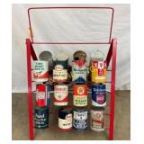 STATION OIL RACK WITH VARIOUS CANS 23 1/2X33