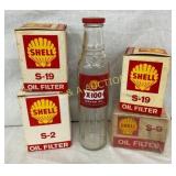 LOT OF SHELL ITEMS FILTERS, GLASS OIL BOTTLE ETC