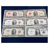 Collection of Six U.S. Notes: Five $2 Bills and On