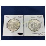 1947 and 1945 Walking Liberty Half Dollars in Grad