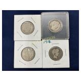 Lot of 4 Barber Quarter Coins, 1896, 1911, 1912, a