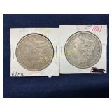 1882 and 1891 Morgan Silver Dollars in 2ï¿½2 Cardboa