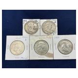 Set of 5 Franklin Half Dollar Coins, 1949-1958, in