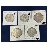 Group of Five Walking Liberty Half Dollars (1937,