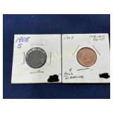 1908-S and 1907 Indian Head Cents in Stapled Cardb