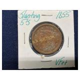 1855 U.S. Braided Hair Large Cent with Slanting 5,