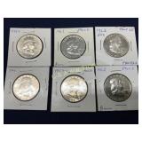 Set of Six Franklin Half Dollars, Various Dates an