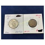 1941-S Washington Quarter and 1863 Indian Head Cen