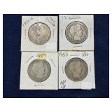 Four Barber Half Dollar Coins, Various Dates and C