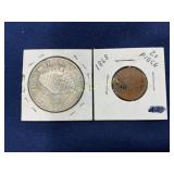 1987 US Constitution Silver Dollar and 1868 Two-Ce