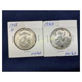 1948-D and 1955 Franklin Half Dollar Coins, MS63