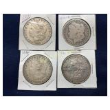 Four Morgan Silver Dollars, Various Mint Marks, 18