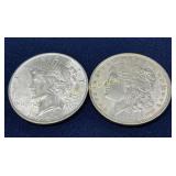 Lot of 2 U.S. Silver Dollars: 1922 Peace Dollar an