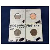 Set of 4 Indian Head Cents, 1901, 1902, 1905, and