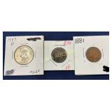 Lot of 3 U.S. Coins: 1947-D Quarter, 1874 Indian H