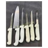 Set of Six Kitchen and Butcher Knives with White P