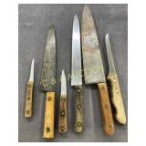 Set of Six Vintage Kitchen Knives with Wooden Hand