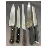 Set of Five Assorted Chefï¿½s and Bread Knives with