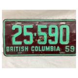 1959 British Columbia License Plate, No. 25-590, G