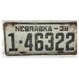 Nebraska 1939 License Plate, White with Black Embo