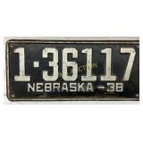 Nebraska 1938 License Plate with Serial Number 1-3