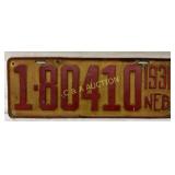 Nebraska 1931 Embossed License Plate with Red Text