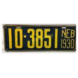 Nebraska 1930 License Plate with Yellow Embossed N