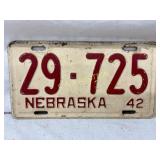 Nebraska 1942 Metal License Plate with Red and Whi