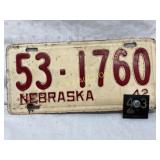 Nebraska 1942-43 Vehicle License Plate with Metal