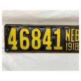 Nebraska 1918 License Plate with Yellow Raised Num