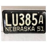 Nebraska 1951 License Plate LU385A