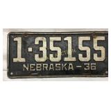 1936 Nebraska License Plate, Number 1-35155