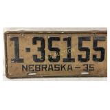 Nebraska 1935 License Plate with Number 1-35155