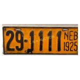 Nebraska 1925 License Plate ï¿½29-1111ï¿½ in Orange an