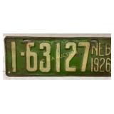 Nebraska 1926 License Plate, Green with Cream Lett