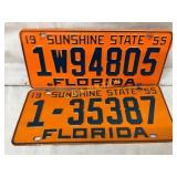 Two 1955 Florida License Plates ï¿½Sunshine Stateï¿½