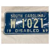 South Carolina 1969 Disabled License Plate W 1021