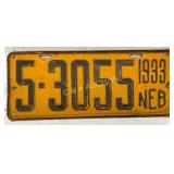 Nebraska 1933 License Plate with Black Embossed Nu