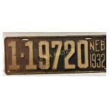 Nebraska 1932 License Plate with Raised Numbers